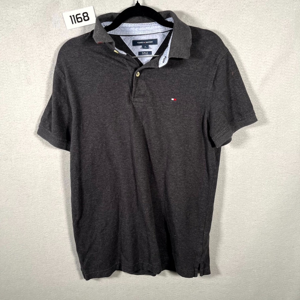 Tommy Hilfiger Polo Shirt Mens Medium Gray Slim Fit Logo Golf Tennis Cotton